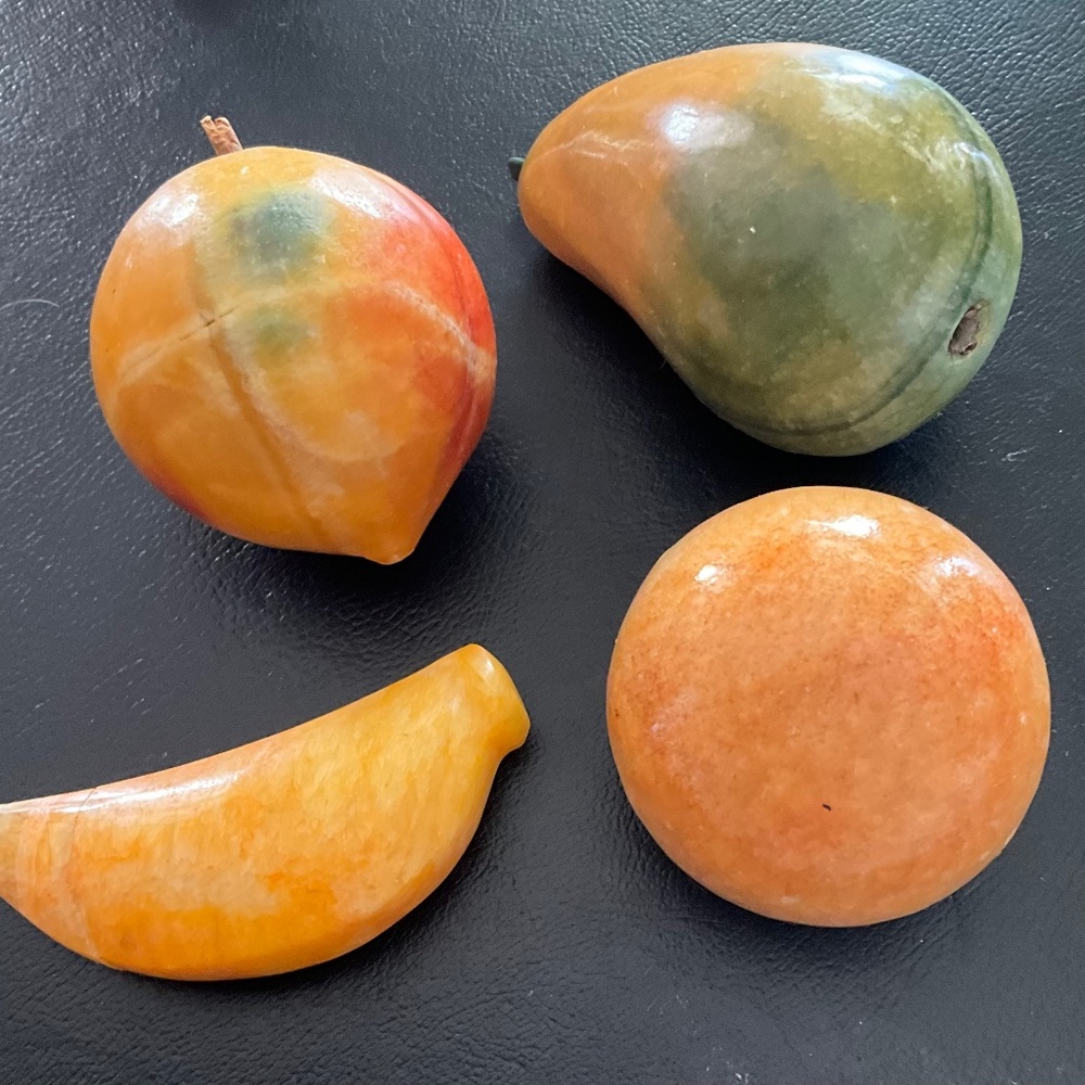 Italian Alabaster, carved fruit, peach, pear, nectarine, yellows, green, orange